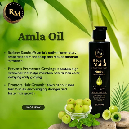 Rivaaj Mahal Amla oil bottle with green leaves and amla fruits on a green background