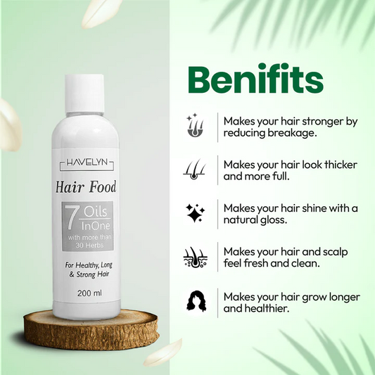 Havelyn Hair Food bottle with benefits listed on a green background