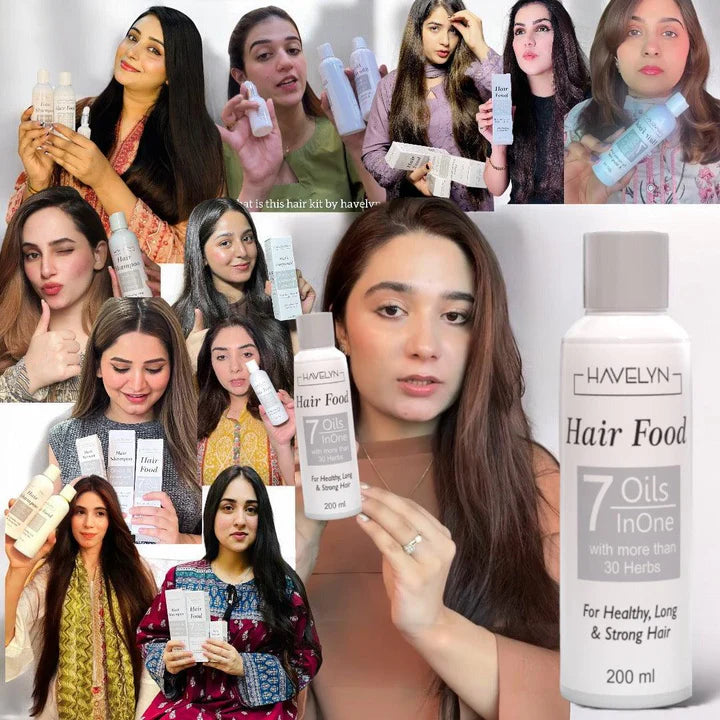 Collage of people holding a bottle of Havelyn Hair Food with close-up shots of the product.