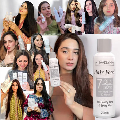 Collage of people holding a bottle of Havelyn Hair Food with close-up shots of the product.