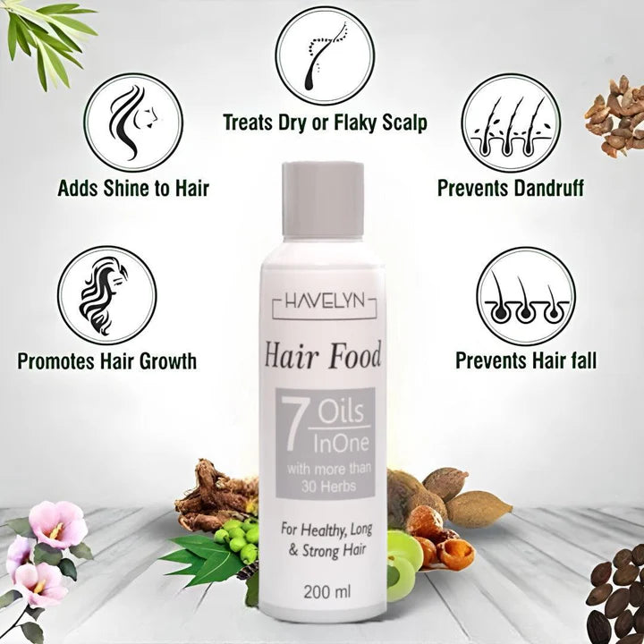 Hair food product with benefits listed on a light gray background