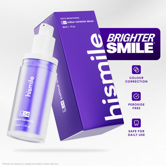 hismile v34 colour corrector serum and packaging on a white background