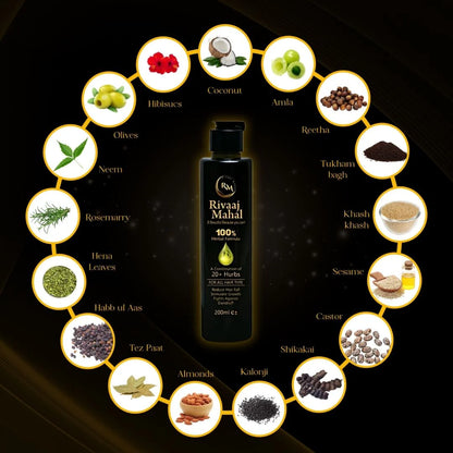 Rivajai Maharaj hair oil bottle surrounded by circular illustrations of ingredients on a dark background