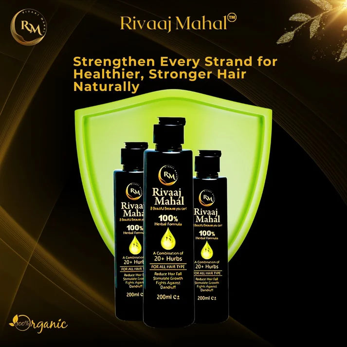 Rivaaj Mahal hair care products with a green shield background and brand logo.