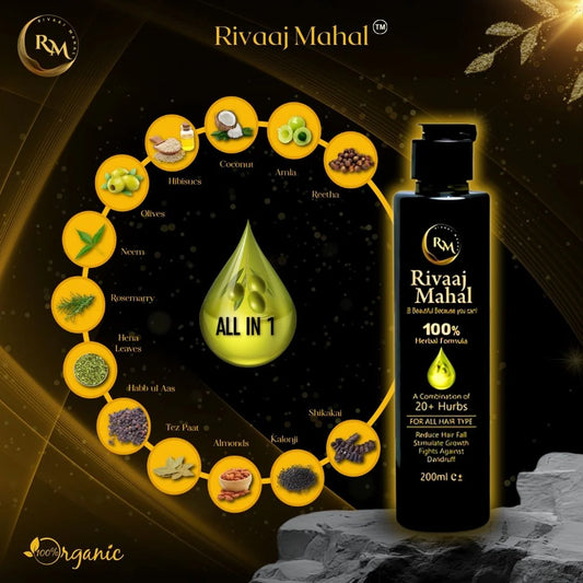 Rivaaj Mahal hair oil bottle with ingredient circle on a dark background