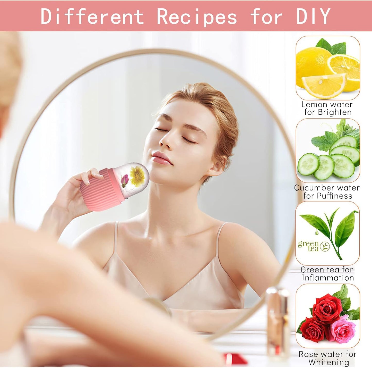 Reusable ice face roller with DIY skincare recipes using lemon water, cucumber water, green tea and rose water for facial massage, puffiness reduction, skin soothing and refreshing skincare treatments