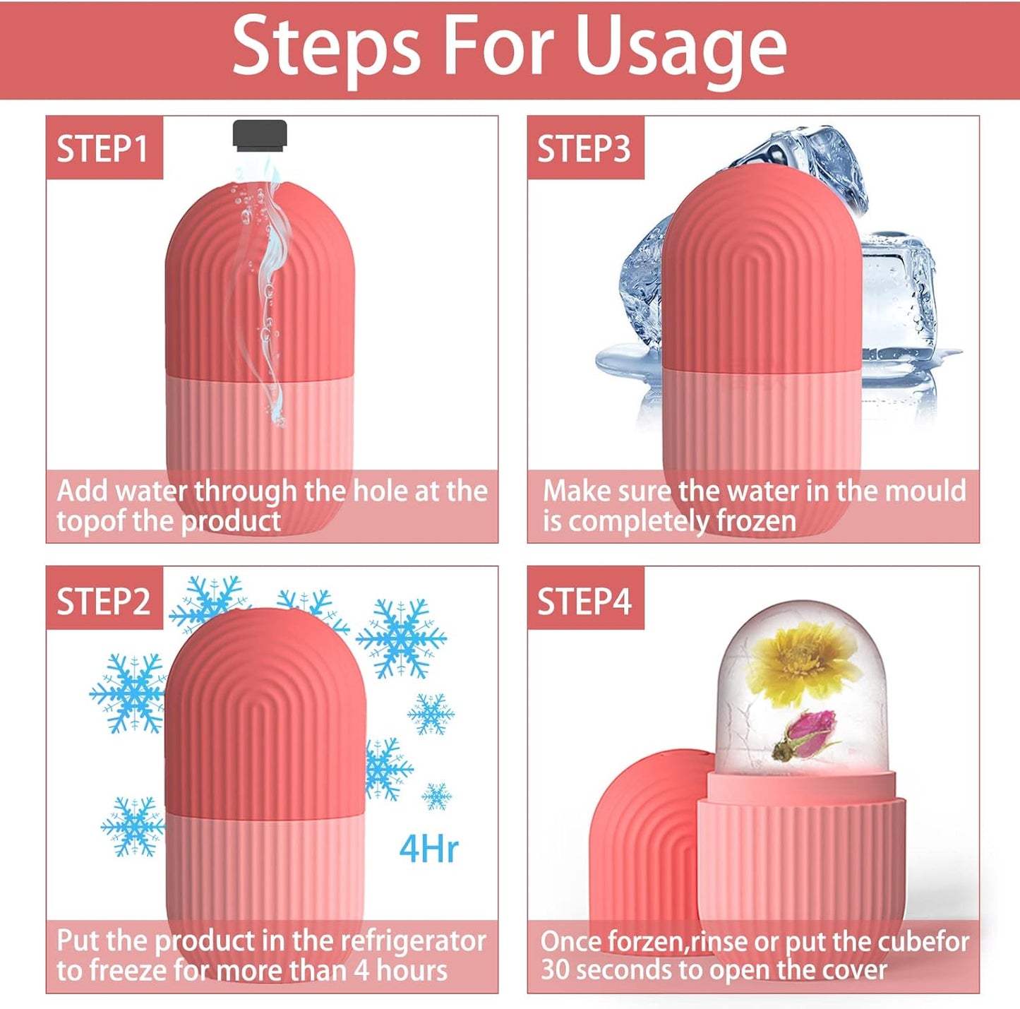 Step-by-step guide showing how to use a reusable silicone ice face roller by filling with water, freezing for 4 hours and applying for facial massage, puffiness reduction and skin cooling therapy