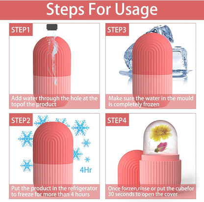 Step-by-step guide showing how to use a reusable silicone ice face roller by filling with water, freezing for 4 hours and applying for facial massage, puffiness reduction and skin cooling therapy