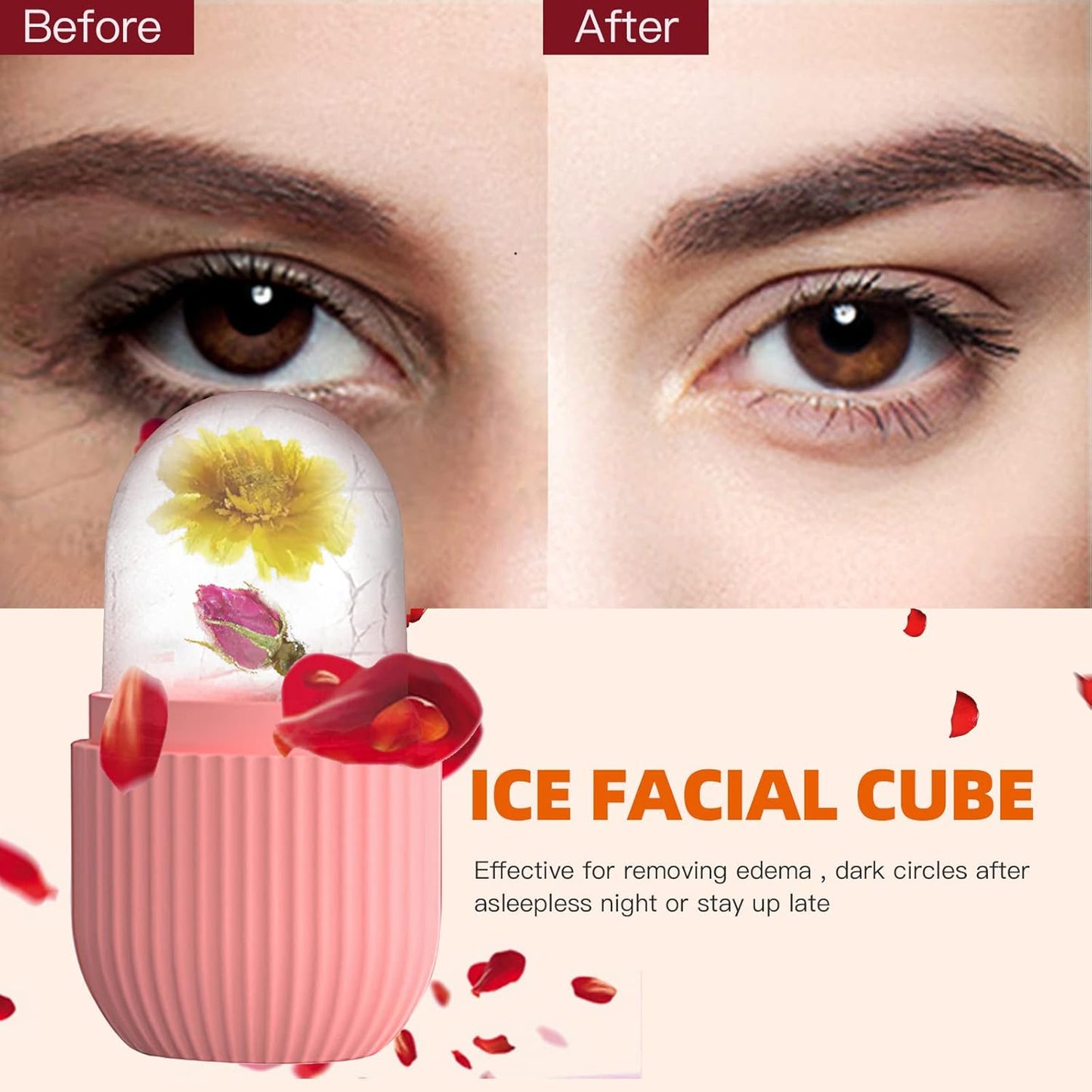 Reusable ice facial cube roller showing before and after under-eye results for reducing puffiness, dark circles, eye bags and refreshing tired skin with cooling ice therapy