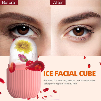 Reusable ice facial cube roller showing before and after under-eye results for reducing puffiness, dark circles, eye bags and refreshing tired skin with cooling ice therapy