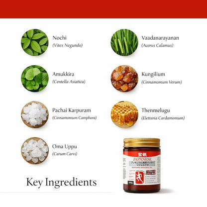 Japanese Herbal Massage Gel featuring natural botanical ingredients including Centella Asiatica, honey extract, camphor and herbal extracts for joint comfort, muscle relaxation and soothing massage care