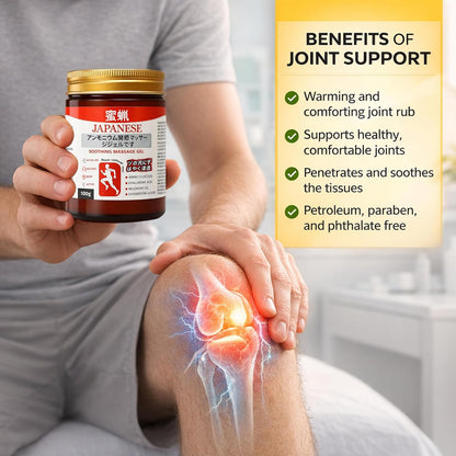 Japanese Joint Support Massage Gel applied for knee comfort, featuring a warming herbal formula that helps soothe joints, support mobility and provide deep massage care