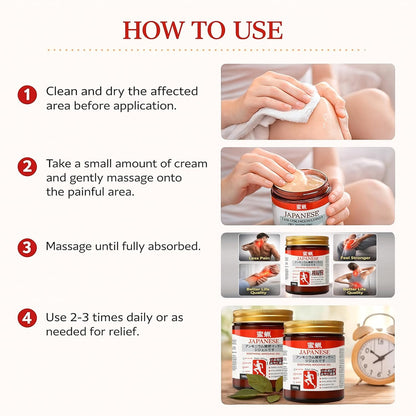 How to use Japanese Massage Gel showing step-by-step application instructions for joint and muscle care, including cleaning the area, applying gel, massaging until absorbed and daily use