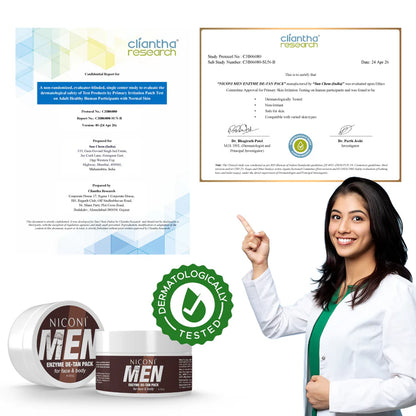 Promotional image for Niconi Men Enzyme De-Tan Pack featuring dermatological testing certificates, a dermatologist-approved seal, and product packaging. The image highlights that the de-tan pack is dermatologically tested, safe for skin, non-irritating, and suitable for various skin types.