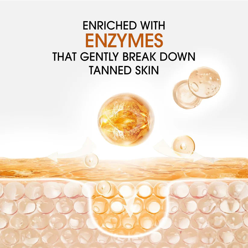Illustration showing enzyme technology in Niconi Men Enzyme De-Tan Pack penetrating the skin surface to help break down tan buildup and impurities. The graphic highlights how enzymes gently exfoliate and support a brighter, more even-looking complexion.