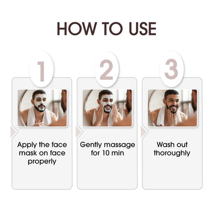Step-by-step usage guide for Niconi Men Enzyme De-Tan Pack showing three steps: apply the de-tan mask evenly on the face, gently massage for 10 minutes, and wash thoroughly with water for clean, refreshed, and brighter-looking skin.