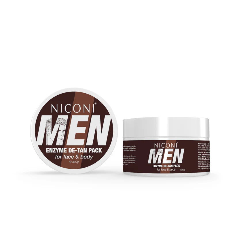 Niconi Men Enzyme De-Tan Pack for Face & Body packaging featuring a white jar with a brown label. Designed for men’s skincare, this enzyme-based de-tan pack helps remove tanning, deep cleanse the skin, and promote a brighter, refreshed appearance for both face and body.