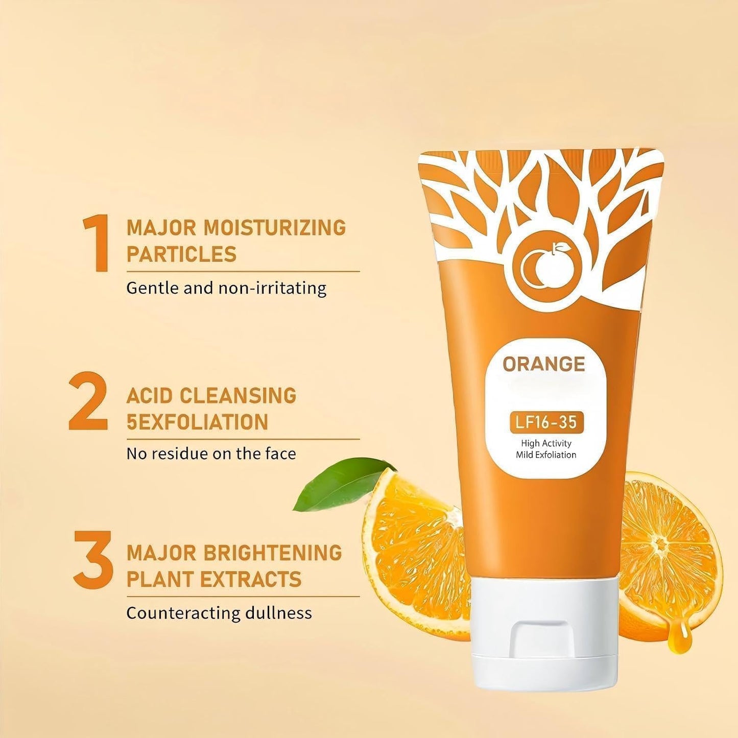 Orange Brightening Exfoliating Gel with moisturizing particles, gentle exfoliation, deep cleansing and orange extract formula for smoother and radiant skin