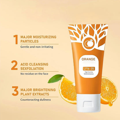 Orange Brightening Exfoliating Gel with moisturizing particles, gentle exfoliation, deep cleansing and orange extract formula for smoother and radiant skin
