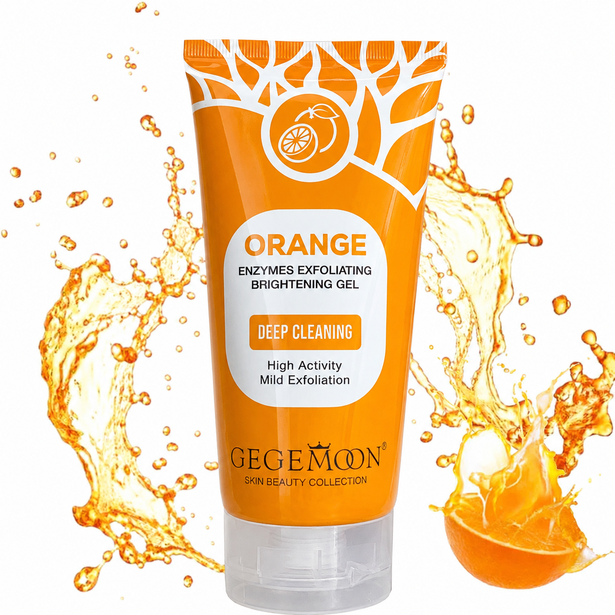 Orange exfoliating gel tube with splashes on a white background