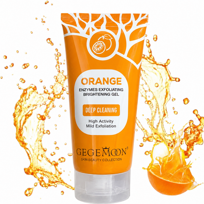 Orange exfoliating gel tube with splashes on a white background