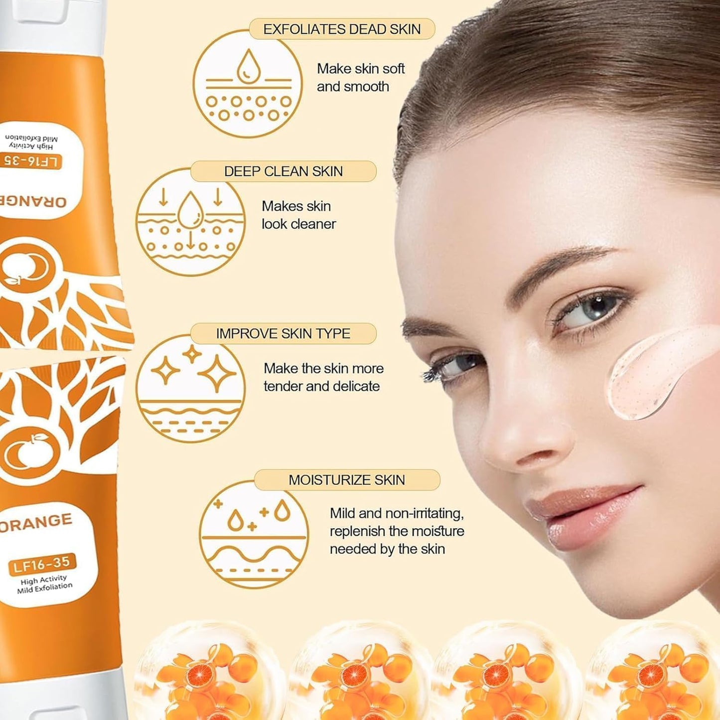 Orange Exfoliating Brightening Gel showing exfoliation, deep cleansing, skin smoothing and moisturizing benefits for face and body skincare