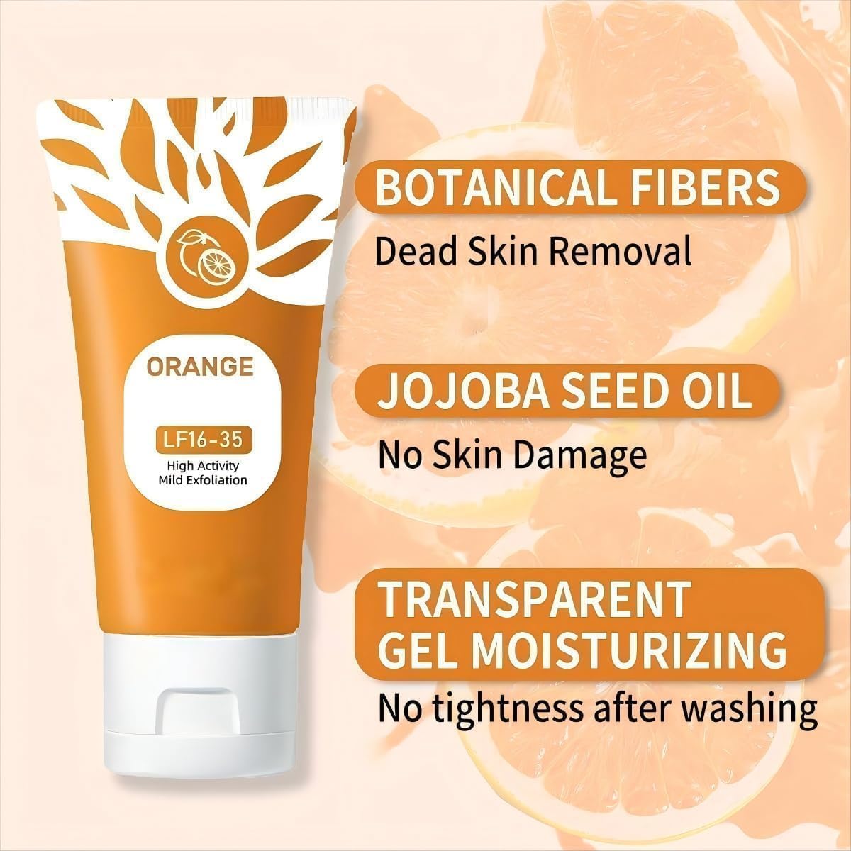 Orange Exfoliating Gel with botanical fibers, jojoba seed oil and transparent moisturizing formula for gentle dead skin removal, deep cleansing and hydrated skin