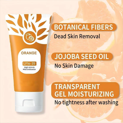 Orange Exfoliating Gel with botanical fibers, jojoba seed oil and transparent moisturizing formula for gentle dead skin removal, deep cleansing and hydrated skin