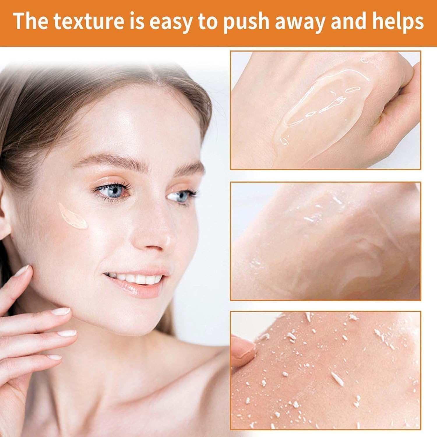 Orange Exfoliating Gel demonstrating gentle peeling action, dead skin removal, deep cleansing, and skin smoothing benefits for brighter and healthier-looking skin