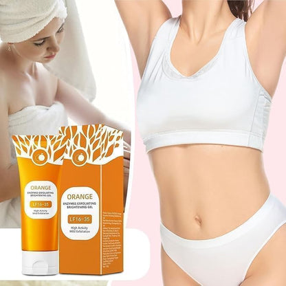 Orange Exfoliating Gel for face and body care, featuring deep cleansing, gentle exfoliation, dead skin removal and skin brightening benefits for smooth and radiant skin
