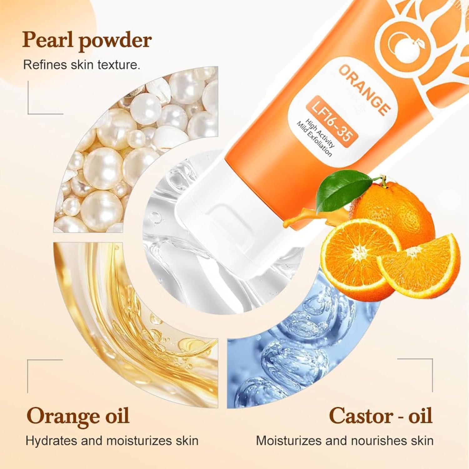 Orange Exfoliating Gel enriched with orange oil, pearl powder and castor oil to exfoliate, moisturize, nourish and improve skin texture for a brighter complexion