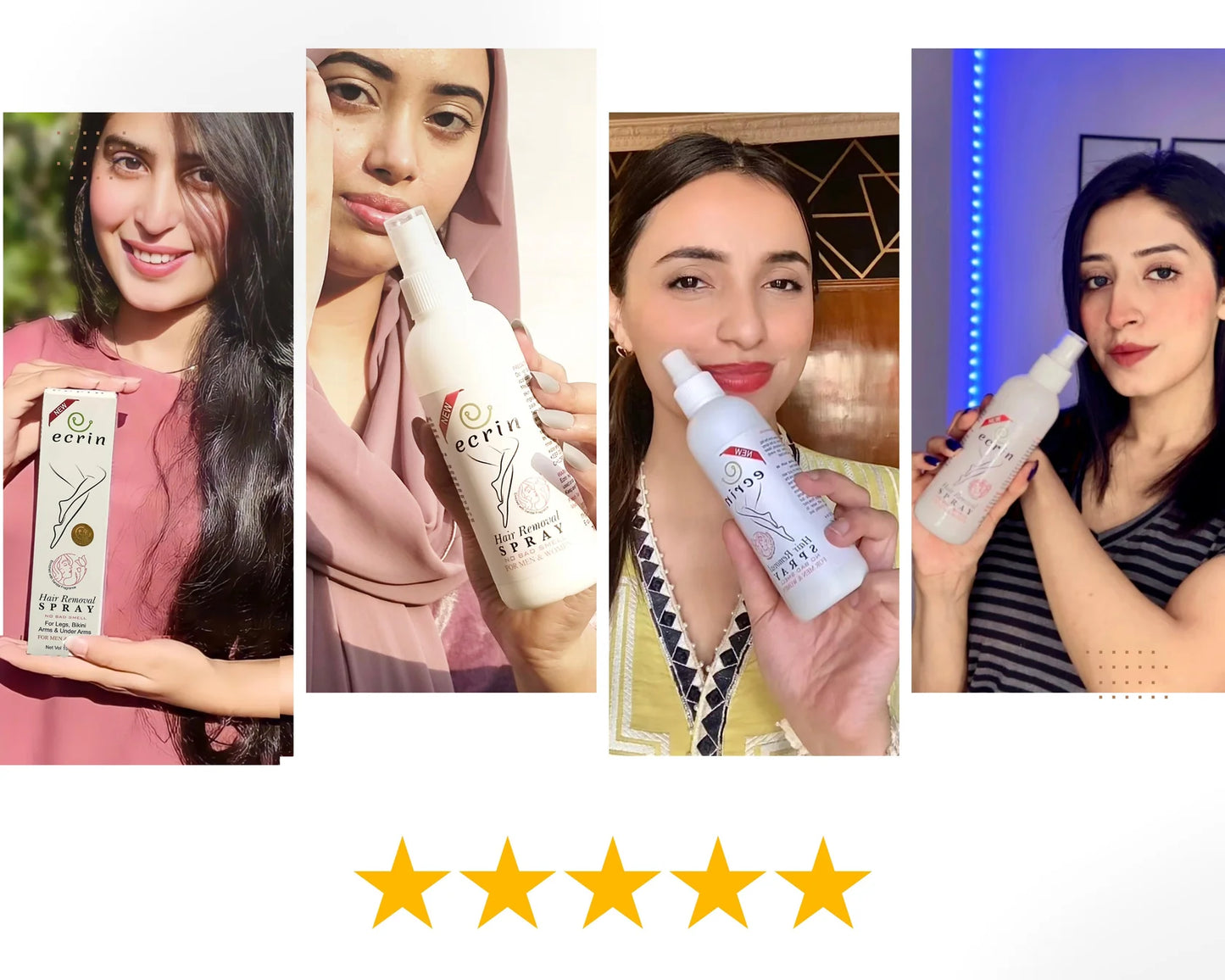 Collage of a woman holding a bottle of 'ecrea' product with five-star rating icons.