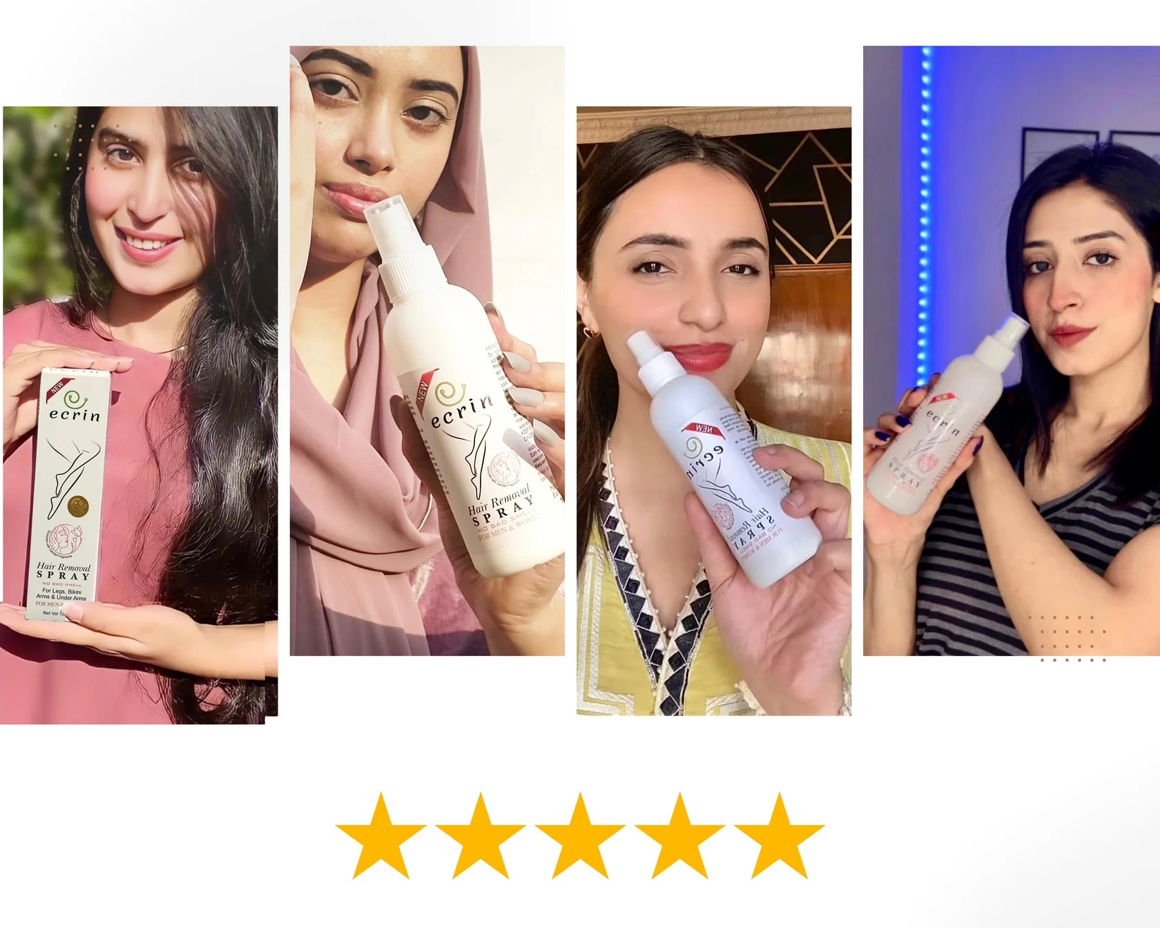 Collage of a woman holding a bottle of 'ecrea' product with five-star rating icons.