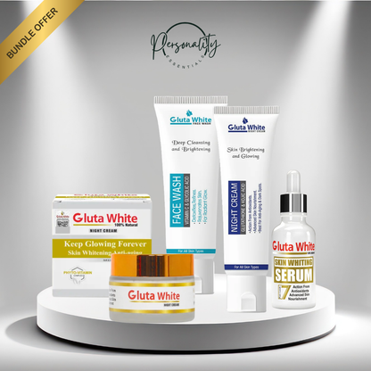 Gluta White skincare product set on a gray background with 'Personality' brand logo.