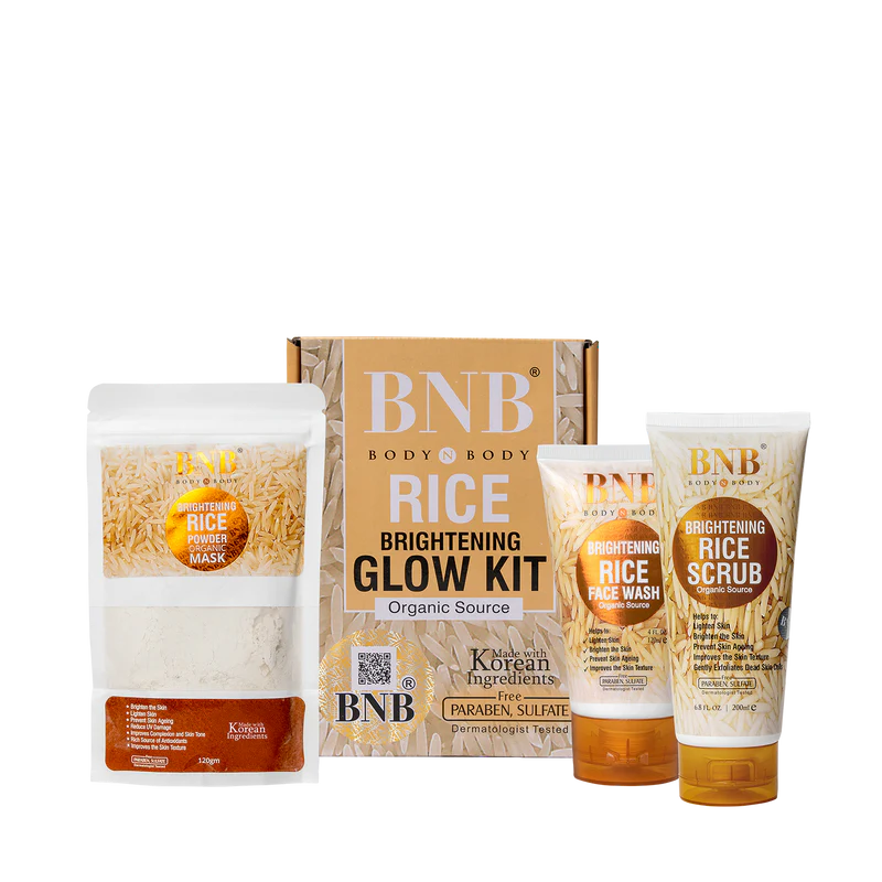 BNB Rice Brightening Glow Kit with rice mask, scrub, and face wash on a white background