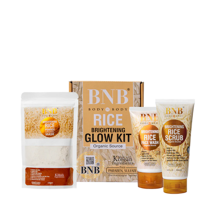 BNB Rice Brightening Glow Kit with rice mask, scrub, and face wash on a white background