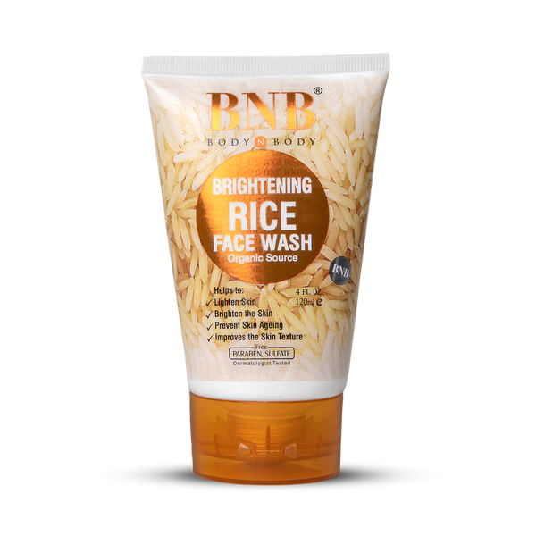 Tube of BNB Brightening Rice Face Wash on a white background