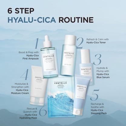 SKIN1004 Hyalu-Cica 6-step skincare routine featuring First Ampoule, Toner, Blue Serum, Moisture Cream, Sleeping Pack, and Hydrating Mask for complete hydration, soothing care, and skin barrier support.