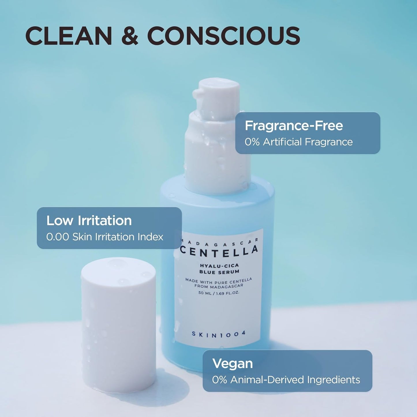 SKIN1004 Madagascar Centella Hyalu-Cica Blue Serum showcasing its clean and conscious formula, featuring fragrance-free, vegan, and low-irritation benefits for gentle hydration and sensitive skin care.