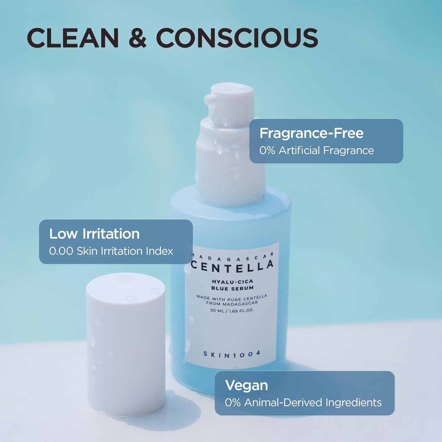 SKIN1004 Madagascar Centella Hyalu-Cica Blue Serum showcasing its clean and conscious formula, featuring fragrance-free, vegan, and low-irritation benefits for gentle hydration and sensitive skin care.