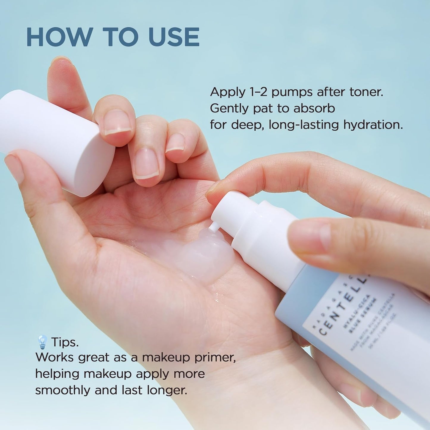 Demonstration of how to use SKIN1004 Madagascar Centella Hyalu-Cica Blue Serum by dispensing 1–2 pumps onto the hand after toner and gently patting into the skin for deep, long-lasting hydration and a smooth makeup-ready finish.