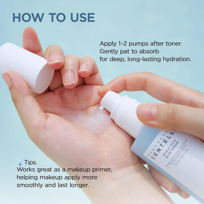 Demonstration of how to use SKIN1004 Madagascar Centella Hyalu-Cica Blue Serum by dispensing 1–2 pumps onto the hand after toner and gently patting into the skin for deep, long-lasting hydration and a smooth makeup-ready finish.