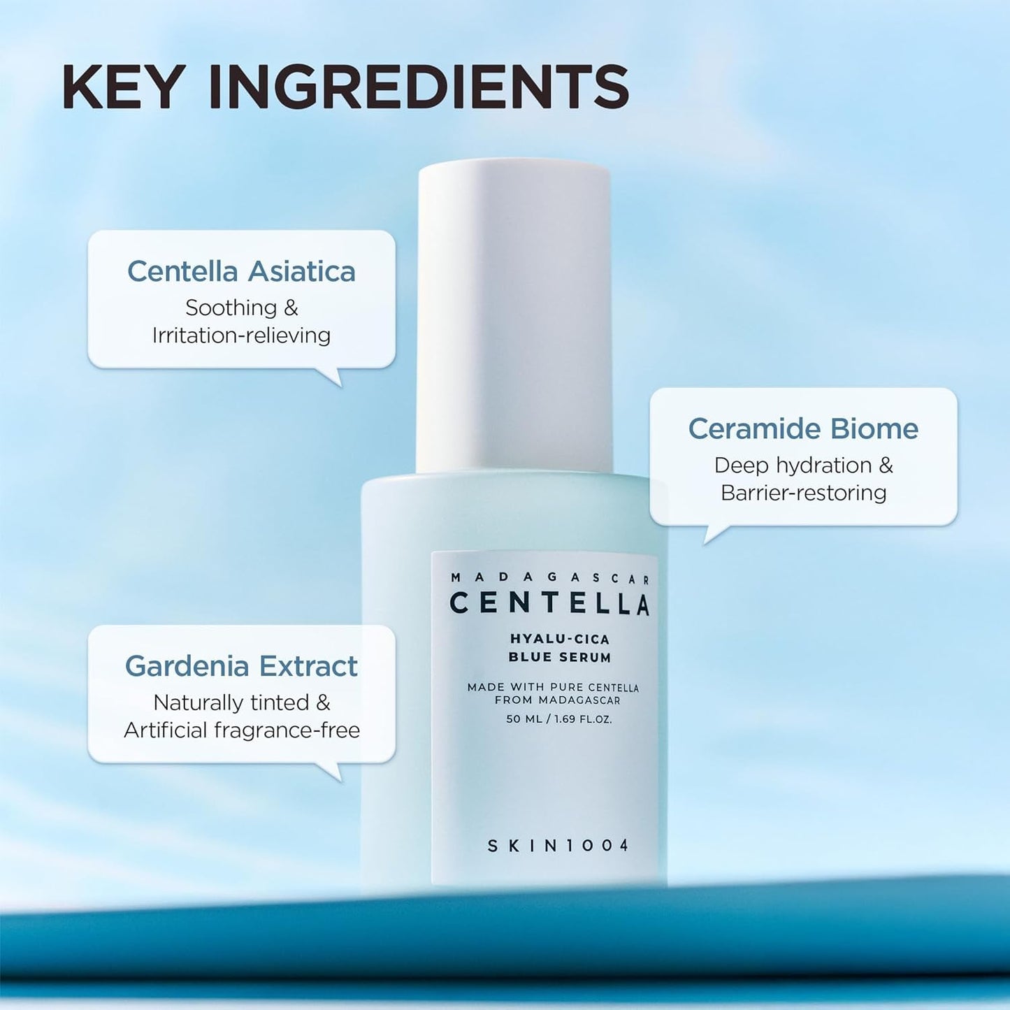 SKIN1004 Madagascar Centella Hyalu-Cica Blue Serum highlighting key ingredients including Centella Asiatica for soothing care, Ceramide Biome for deep hydration and barrier support, and Gardenia Extract for gentle, fragrance-free skincare.