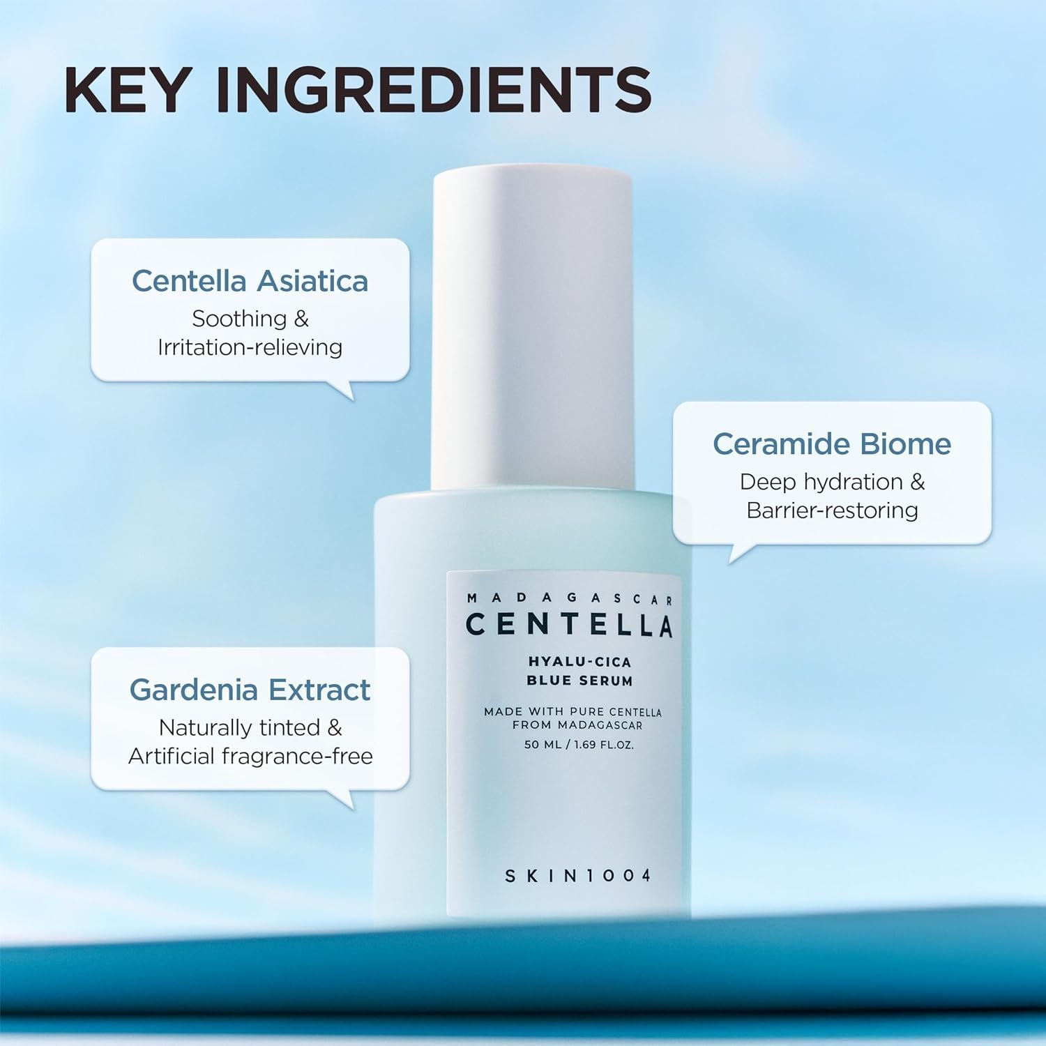 SKIN1004 Madagascar Centella Hyalu-Cica Blue Serum highlighting key ingredients including Centella Asiatica for soothing care, Ceramide Biome for deep hydration and barrier support, and Gardenia Extract for gentle, fragrance-free skincare.