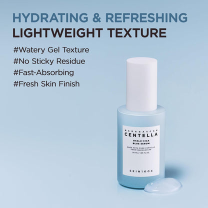 SKIN1004 Madagascar Centella Hyalu-Cica Blue Serum featuring a lightweight watery gel texture that absorbs quickly, provides deep hydration, leaves no sticky residue, and delivers a fresh, refreshed skin finish.
