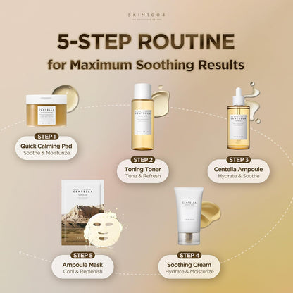Illustrated 5-step skincare routine featuring SKIN1004 Madagascar Centella products for maximum soothing results. Includes Quick Calming Pad, Toning Toner, Centella Ampoule, Soothing Cream, and Ampoule Mask to calm, hydrate, moisturize, refresh, and replenish sensitive skin while supporting a healthy skin barrier.