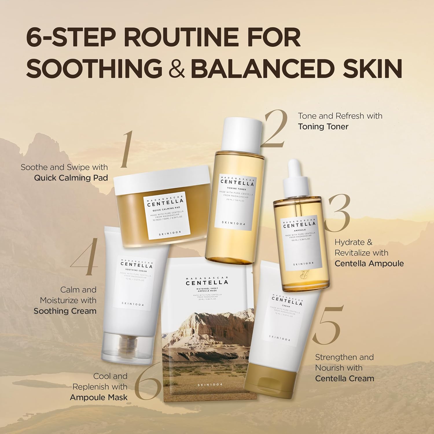 Routine guide image featuring the SKIN1004 Madagascar Centella skincare collection and a recommended 6-step routine for soothing and balanced skin. Products shown include Quick Calming Pad, Centella Toning Toner, Centella Ampoule, Soothing Cream, Centella Cream, and Ampoule Mask. The routine focuses on calming irritation, hydrating skin, strengthening the skin barrier, nourishing with Centella Asiatica, and maintaining a healthy, balanced complexion. Suitable for sensitive, dry, oily, and combination skin t