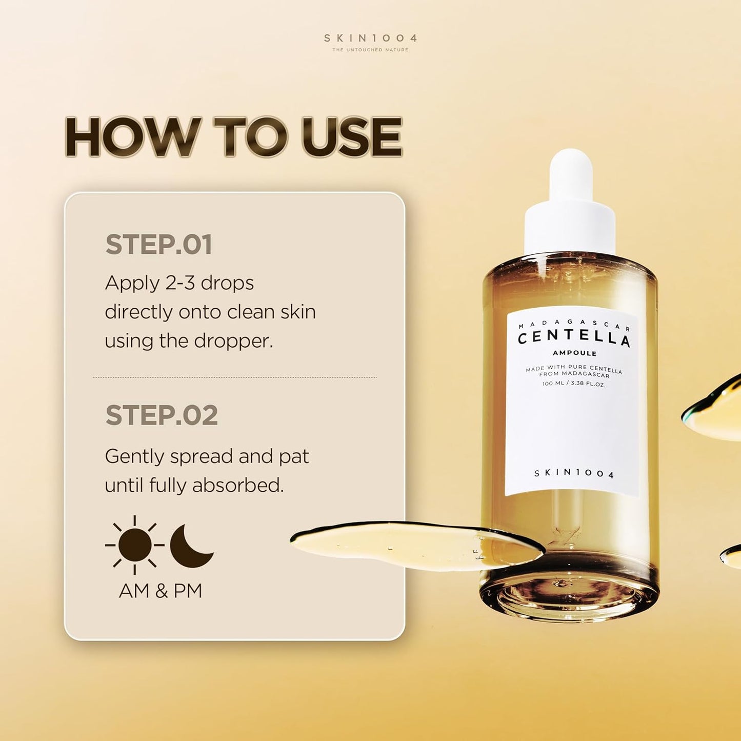 Usage guide for SKIN1004 Madagascar Centella Ampoule showing how to apply 2–3 drops onto clean skin with the dropper, gently spread and pat until fully absorbed, and use morning and night. Features the 100ml Centella Asiatica serum bottle designed to soothe, hydrate, and strengthen the skin barrier.