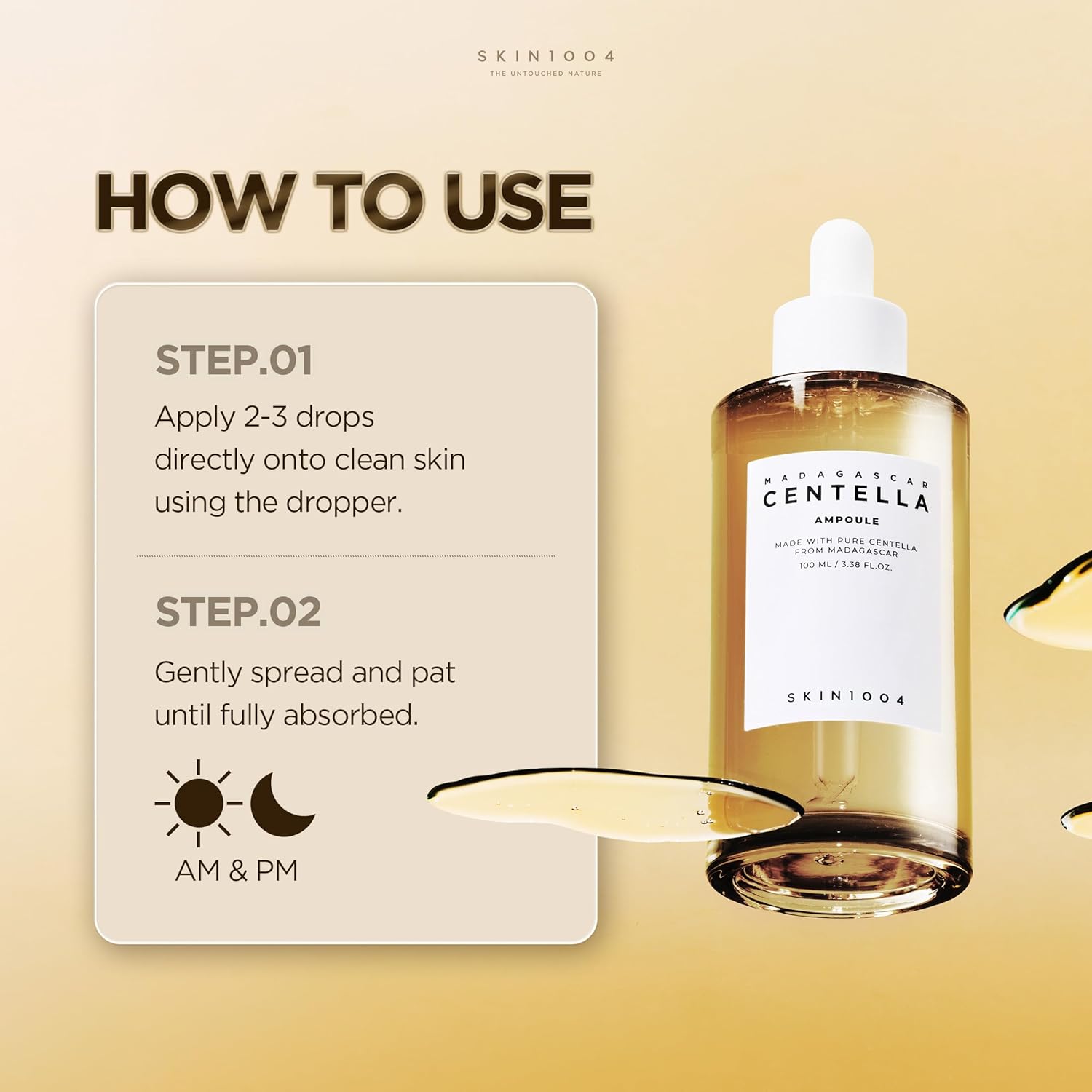 Usage guide for SKIN1004 Madagascar Centella Ampoule showing how to apply 2–3 drops onto clean skin with the dropper, gently spread and pat until fully absorbed, and use morning and night. Features the 100ml Centella Asiatica serum bottle designed to soothe, hydrate, and strengthen the skin barrier.