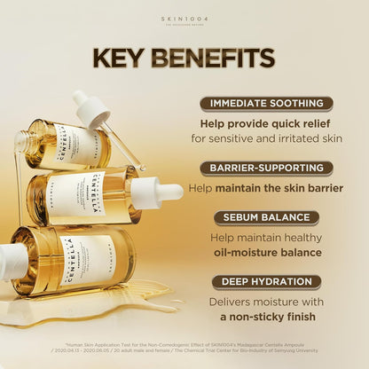 Infographic showcasing the key benefits of SKIN1004 Madagascar Centella Ampoule, including immediate soothing for sensitive skin, skin barrier support, sebum balance, and deep hydration with a non-sticky finish. Features multiple ampoule bottles with droppers and highlights Centella Asiatica-based calming and moisturizing care.